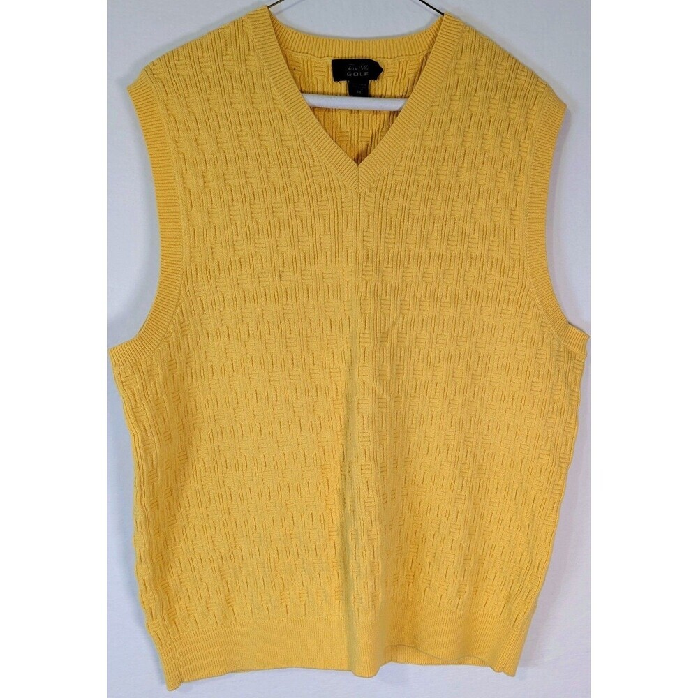 Tasso Elba Golf Sweater Vest Mens Medium Yellow Basketweave Knit 100% Cotton